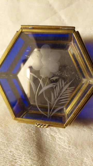 Trinket Jewelry Box Blue w/Hinged Lid Glass Brass Hexagon Etched Floral Top 3.5"
