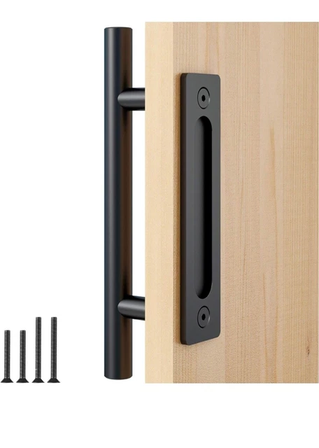12&quot Heavy Duty Pull Flush Door Handle Set In Black, Sliding Barn - Fit Doors