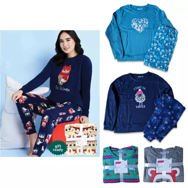 Ladies Womens Printed Christmas Winter Warm Pyjamas PJs Set Nightwear Size 8-22