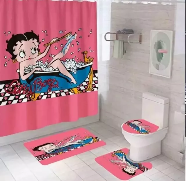 4pc Betty Boop in Bathtub Bathroom Shower Curtain Toilet Seat Cover Rugs Set