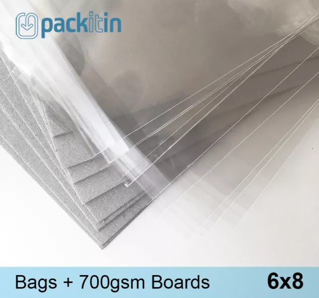 6x8 (x50) Clear Cello Cellophane Reseal Bags Sleeves + Backing Boards (700gsm)