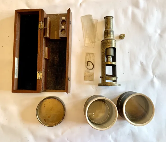 Vintage JH STEWARD boxed Brass Drum Portable Microscope, Slides, Specimen Boxes