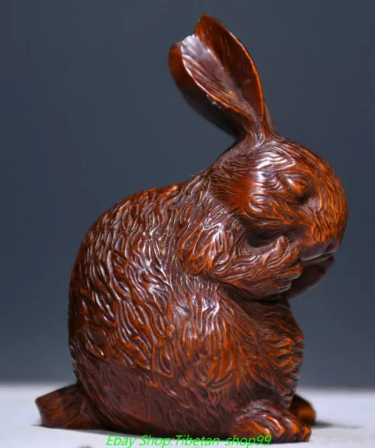 2.7'' Old China Boxwood Carving 12 Zodiac Year Animal Rabbit Hare Bunny Statue