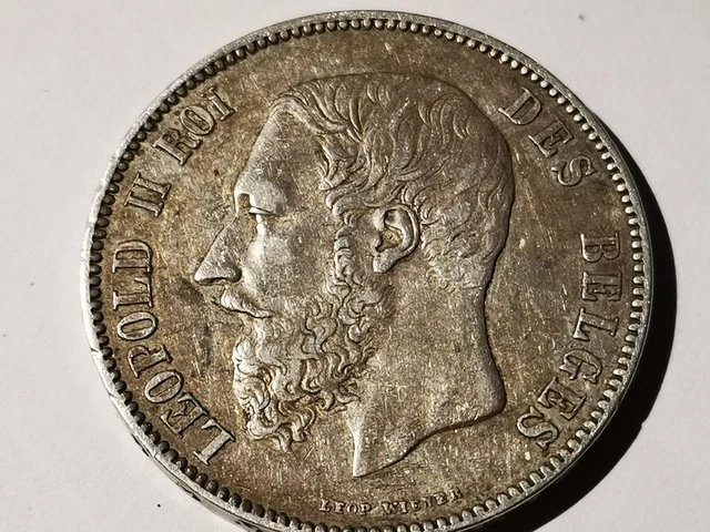 PIÈCE DE MONNAIE ancienne de 5 Francs en ARGENT 1873 LEOPOLD II ROI DES