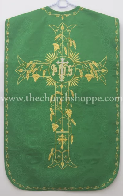 NEW GREEN Roman Chasuble Fiddleback Set Vestment 5pcs mass set IHS embroidery