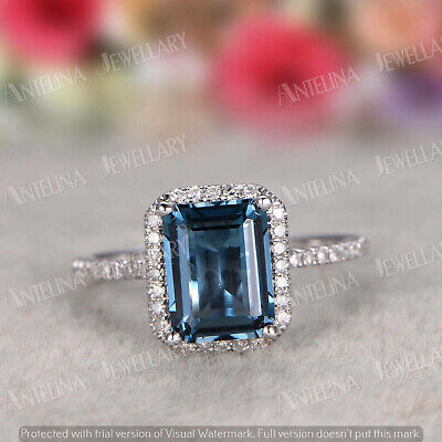 2.25 Ct Emerald Cut London Blue Topaz Halo Engagement Ring 14K White Gold Finish