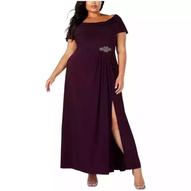 Alex Evenings Purple Matte Jersey Cowl Neck Embellished Waist Gown 22 NWOT