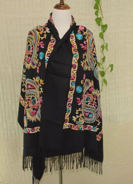 Fashion Embroidered large Vintage Paisley Cashmere Wool Soft Shawl Scarf 937
