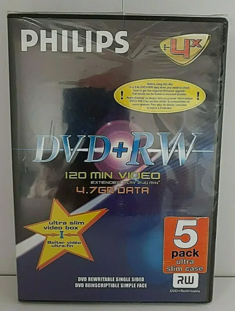 Philips DVD+RW - 120 minuti video - dati 4,7 GB - scatola video extra sottile - confezione da 5