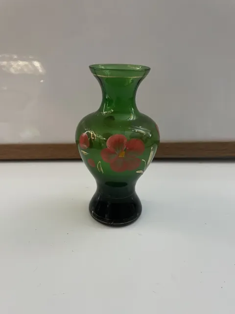Vintage Bohemia Green Glass Bud Vase Hand Painted