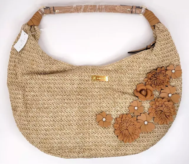 AMIANI RESORT FAUX Straw Hobo Bag Purse Large Beige Floral Brown Fashion New 60.00 PicClick