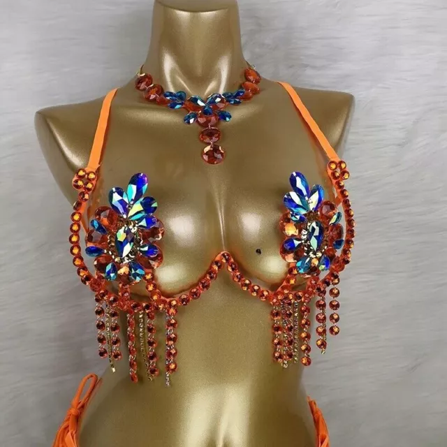 New Women's Belly Dance Wear Rhinestones Wire Bra+Necklace Set Dancing Costume