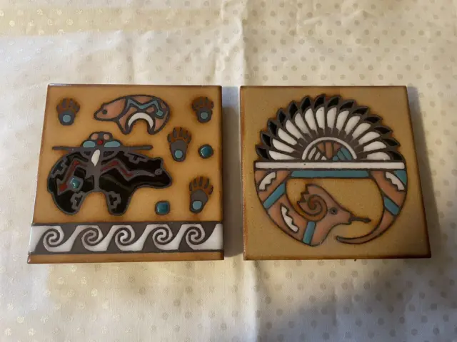 (2) Masterworks Southwest Ceramic Tile Trivet Coasters Bears & Snake