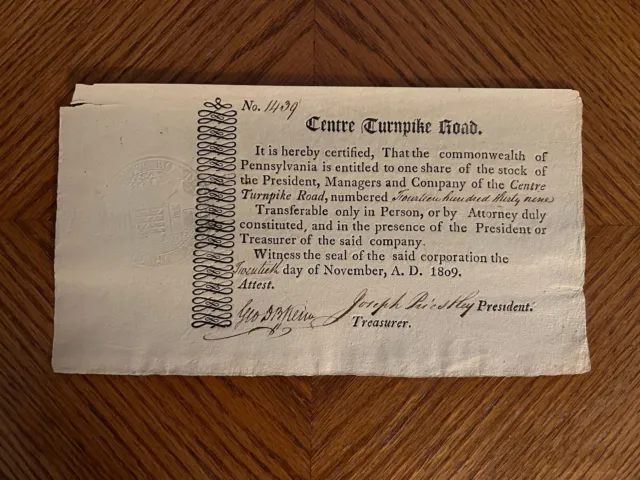 Centre Turnpike Road stock certificate 1809 Pennsylvania a very early document
