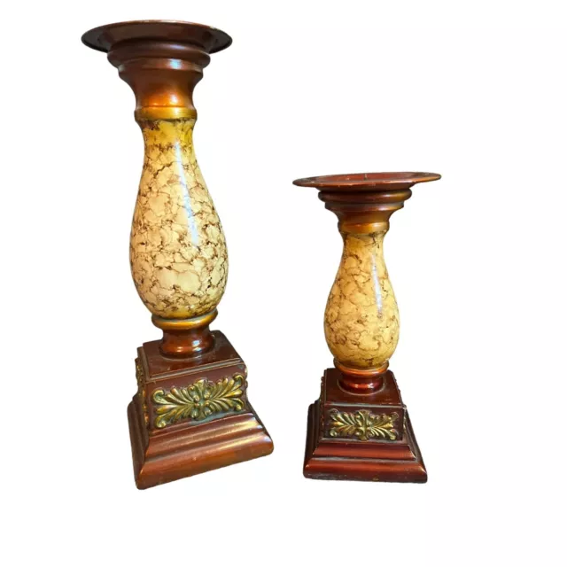 Pair of Candlesticks Wood Marble Look Center Brown Gold Tone 8" 12" READ