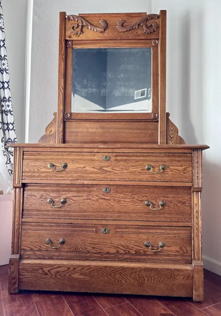Antique Oak Dresser with Mirror, Three Drawer Tilting Mirror Brass Hardware