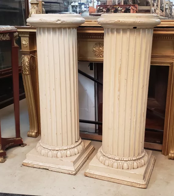 Pair of Very Large Hand Carved Fluted Wooden Pedestals
