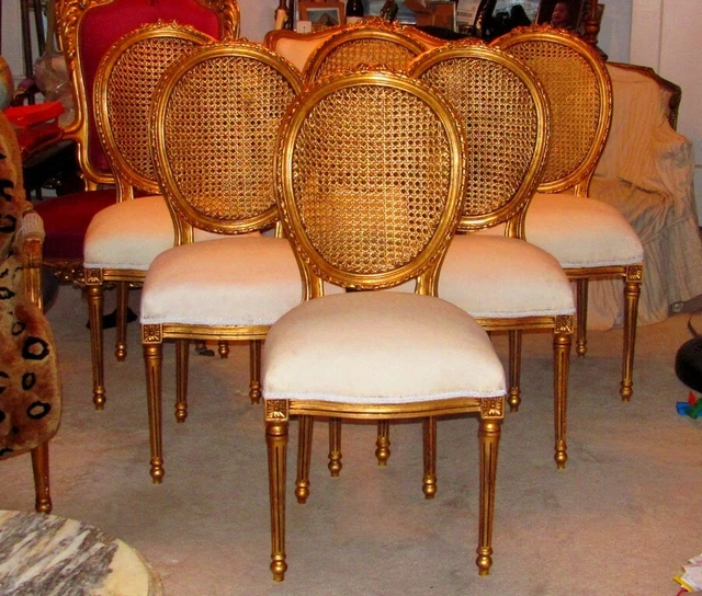 6 Gilded Louis XVI Vintage Cane Dining Chairs 2