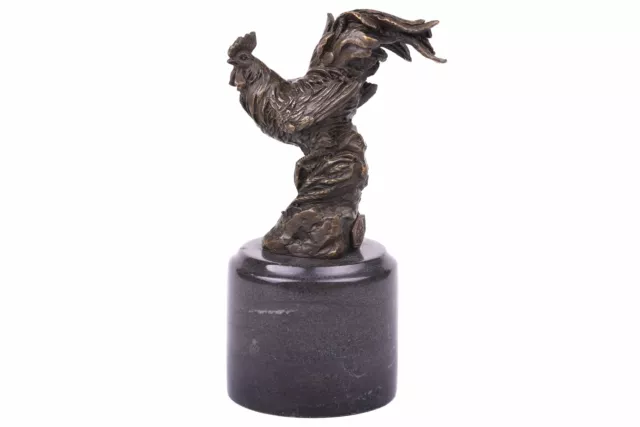 Kleine Hahn Skulptur Bronze auf Marmor Sockel Figur Huhn Vogel Statue NEU!