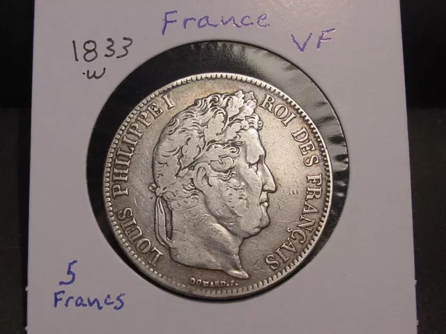 1833-W France - 5 Francs - Louis Philippe I - Lille Mint - Silver Ships Free