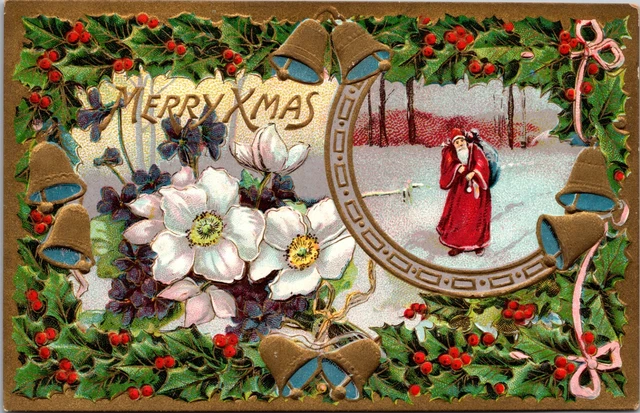 Antique Christmas Postcard Santa Red Robe White Poinsettia Flower Holly 2125