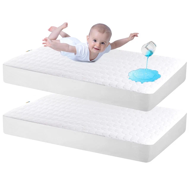 Paquete de 2 almohadillas de colchón impermeable y juego, mini algodón premium amigable con la piel