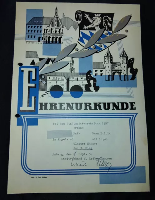 Heeresamt Ehrenurkunde Bundeswehr Sportwettkampf Grenadier Bataillon 14 von 1957