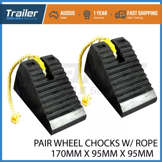 2 x RUBBER WHEEL CHOCK, CHOCKS ROPE UTE CARAVAN TRAILER BOAT 4X4 OFFROAD CAMPING