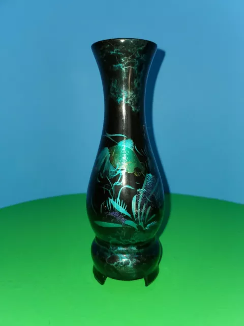 7" Black Wooden Lacquerware Vase with Foil Goldfish Print