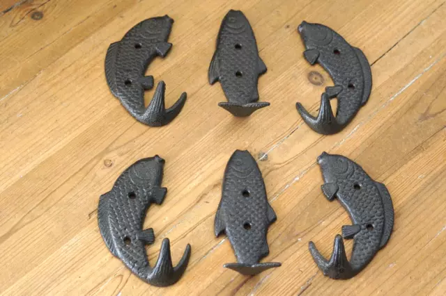 6 Fish Wall Hook Coat Hat Towel Beach Koi Hooks 4 3/4" Rustic Cast Iron Bath