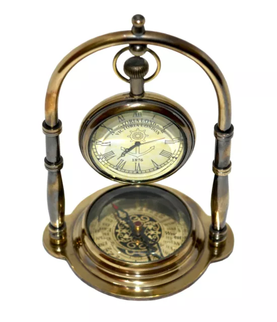 Antik Vintage Stil Nautisch Messing Uhr W / Kompass Tisch Dekorativ Geschenk