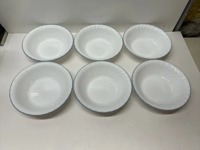 Set Of 6 Corelle Pink Trio Cereal Soup Bowls White Blue Edge Swirl 7.25"
