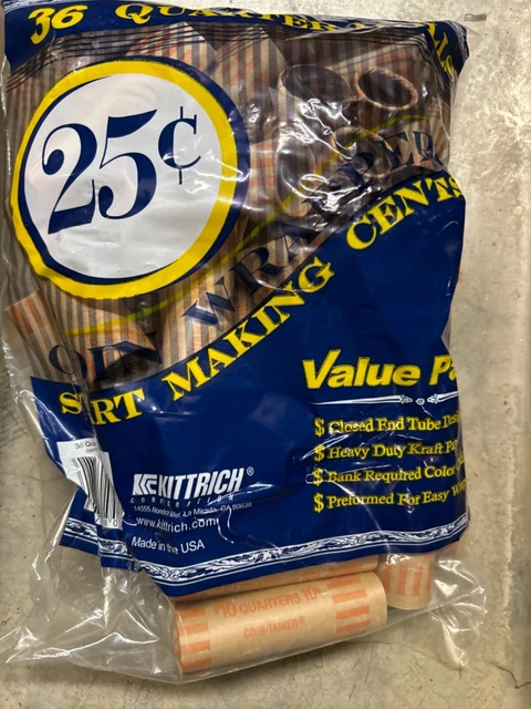 36 Rolls Preformed Coin Wrappers Paper Tubes For QUARTERS (Holds $10 Each) NEW