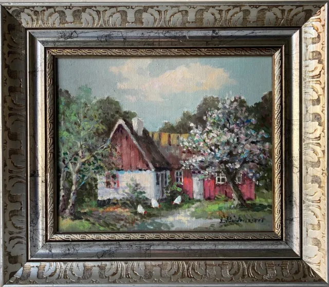 Pintura Al Óleo Impresionista Shweden Casa Con Gallinas Y Blühenden Árboles