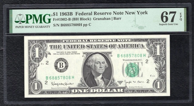 Fr. 1902-B 1963-B $1 Frn Federal Reserve Note New York, Ny Pmg Gem Unc-67Epq