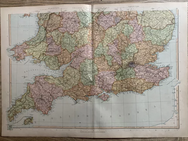 1891 Southern England & Wales Large Colour Map By W.g. Blackie