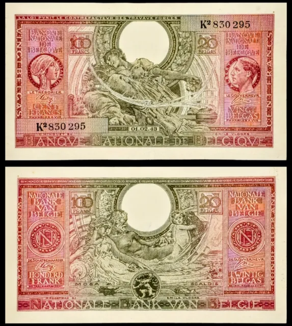 1943 Belgium 100 Francs/20 Belgas Banknote, Queen Elisabeth, King Albert
