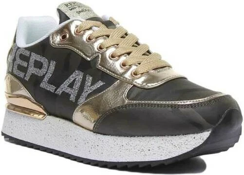 Replay Chenin Femmes Mode Plateforme Baskets En Militaire Or Tailles UK 3 - 8