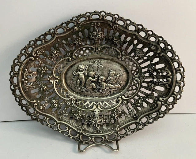 antique continental .800 silver Cherubs Putti Repousse Pierced bowl 6" Germany