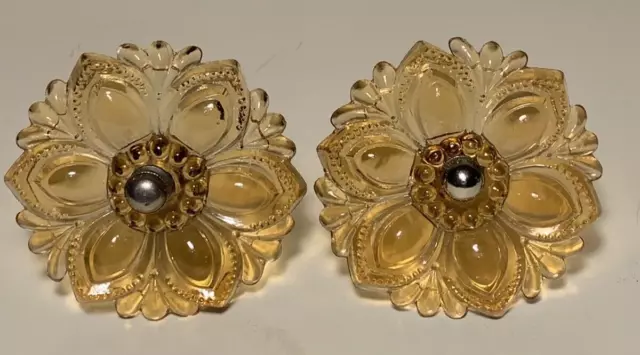 Vintage Or Antique Amber Curtain Glass Tie Backs Flower Pulls Set/Pair 3"
