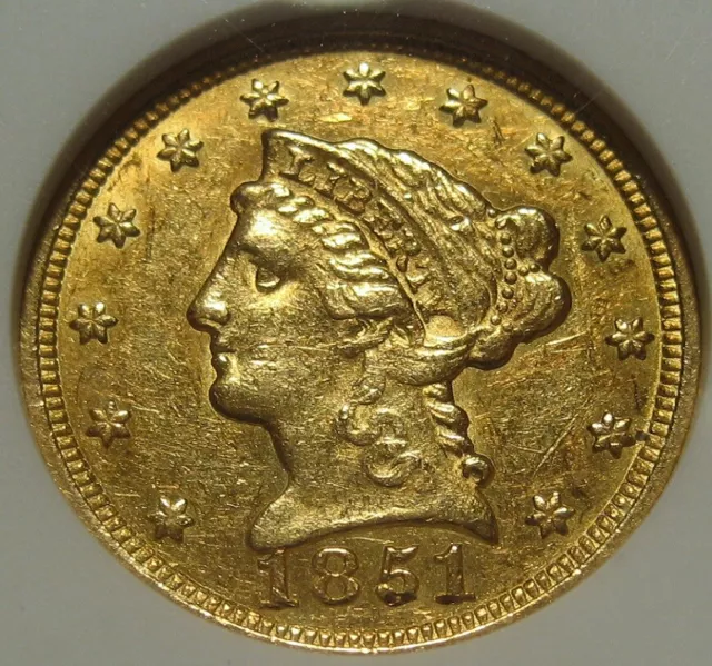 = 1851 AU50 ANACS $2.50 Liberty Gold Piece, Small Holder, FREE Shipping