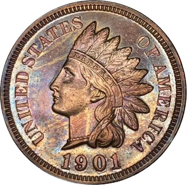 1901 Indian Head Cent Penny, Toned PROOF, Solid Gem PR++ *671