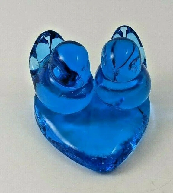 Pair Glass Bluebirds Of Happiness On Heart Base Figurine Leo Ward 1991