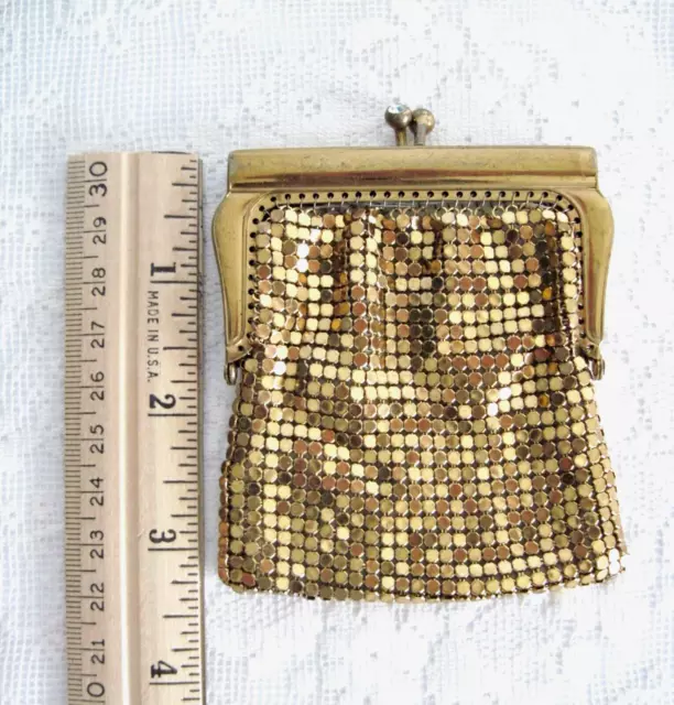 Vintage Gold Mesh Small Coin Change Purse With Kiss Lock Closure Rhinestone