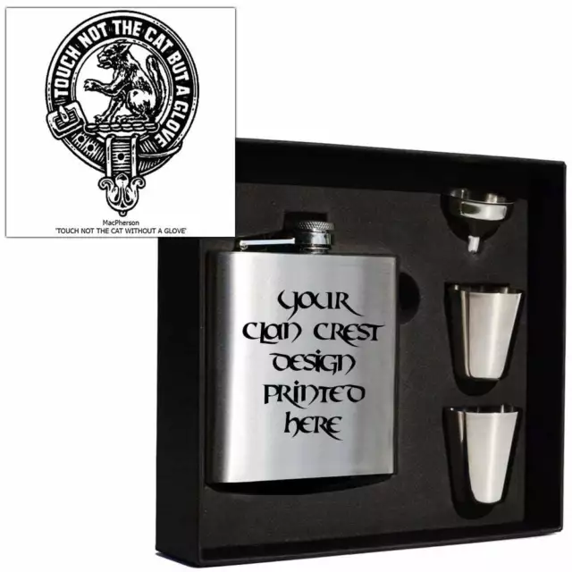Art Pewter MacPherson Clan Crest 6oz Hip Flask Box Set (s) HF6 S-C78 Scottish