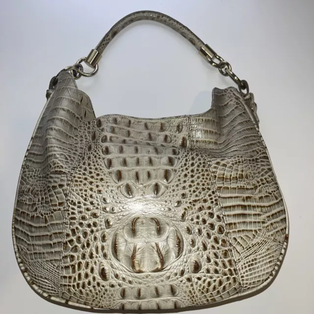 Vintage Brahmin Handbag Purse Cream And Brown Crocodile Embossed Leather