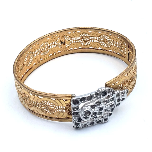 VTG 1930s E.Weed/J.J. White Gold Tone/Rhodium Art deco Filigree Bangle Bracelet