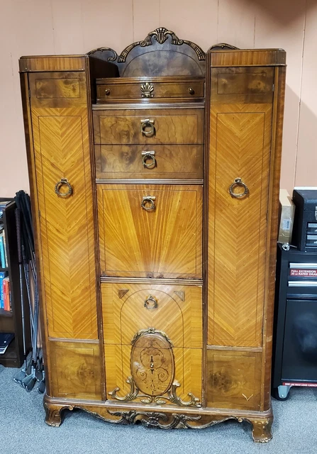 Vintage Art Deco 1930's Waterfall Armoire - 70" tall, 40" wide, 21" deep - Used