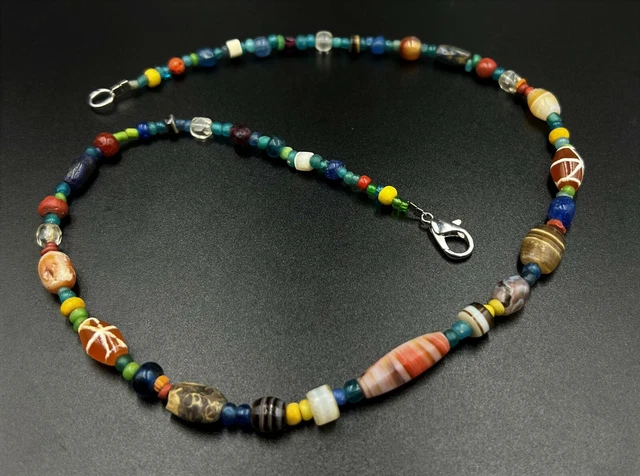 Vintage Ancient Indo Tibet Nepal Roman Glass Agate Jewelry Old Bead Necklace Dzi