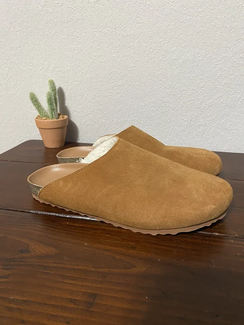 GAP cognac suede faux fur sherpa lined mule clogs shoes slip on comfort size 8